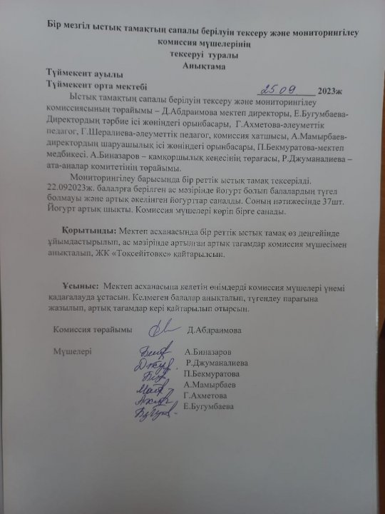 Бір мезгіл ыстық тамақтың сапалы берілуін тексеру және мониторингілеу комиссия мүшелерінің тексерілуі туралы анықтама