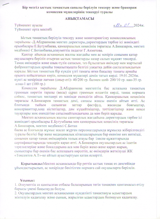 Бір мезгіл ыстық тамақтың сапалы берілуін тексеру және бракераж комиссия мүшелерінің тексерілуі туралы анықтама