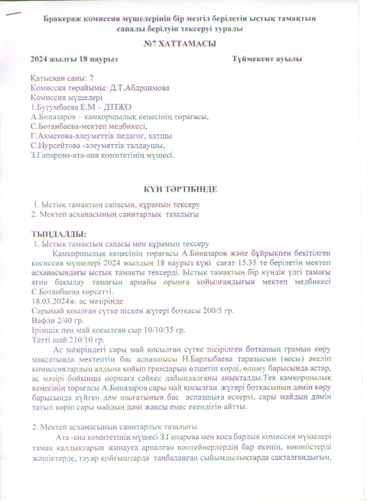 Бір мезгіл ыстық тамақтың сапалы берілуін тексеру және бракераж комиссия мүшелерінің тексеруі туралы хаттамасы