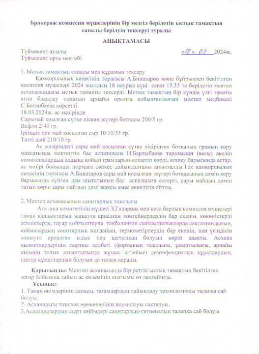Бір мезгіл ыстық тамақтың сапалы берілуін тексеру және бракераж комиссия мүшелерінің тексерілуі туралы анықтама