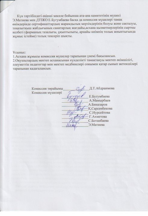 Бір мезгіл ыстық тамақтың сапалы берілуін тексеру және бракераж комиссия мүшелерінің тексеруі туралы хаттамасы