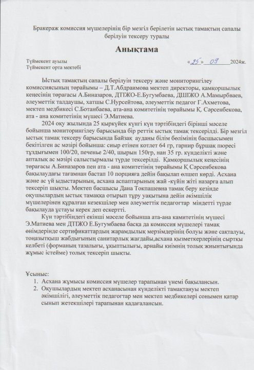 Бір мезгіл ыстық тамақтың сапалы берілуін тексеру және бракераж комиссия мүшелерінің тексерілуі туралы анықтама