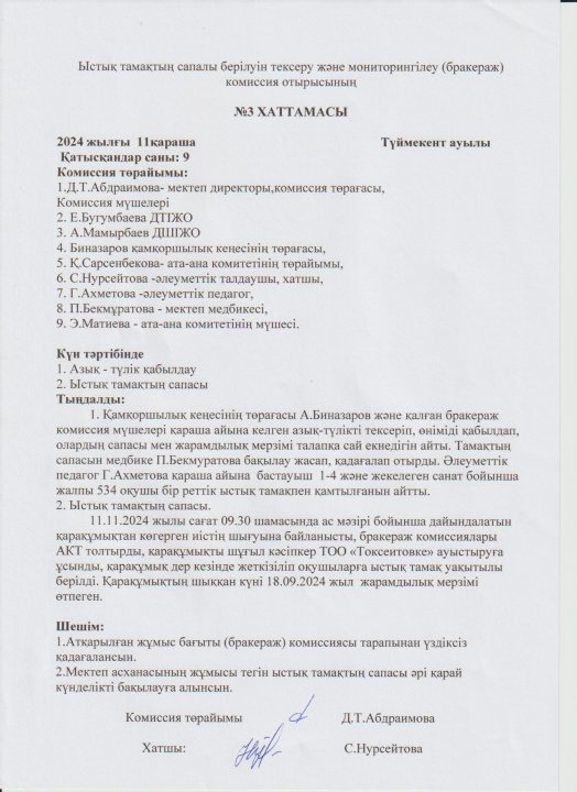 Бір мезгіл ыстық тамақтың сапалы берілуін тексеру және бракераж комиссия мүшелерінің тексеруі туралы хаттамасы