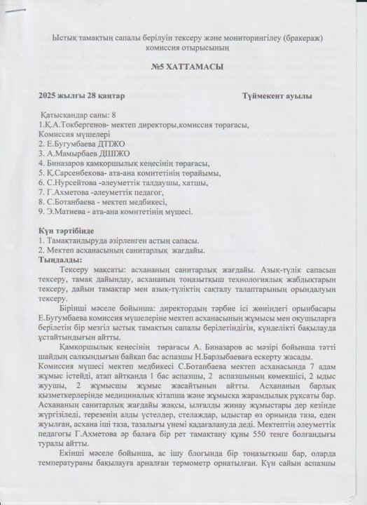 Ыстық тамақтың сапалы берілуін тексеру және мониторингілеу комиссия отырысының хаттамасы